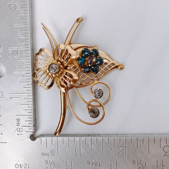 VTG Signed Harry Iskin 12K GF Blue Rhinestone Floral Brooch Mid Century 1950s - Picture 11 of 11
